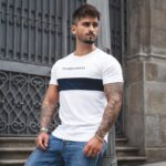 T-shirt Branca e Azul para homem em algodão premium da marca Twobrothers - T-shirt com detalhes bordados em azul escuro - T-shirt Holbrook