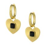 Brincos para mulher de argola com coração dourado em aço inoxidável antialérgico e uma pedra brilhante preta, da marca Twobrothers.