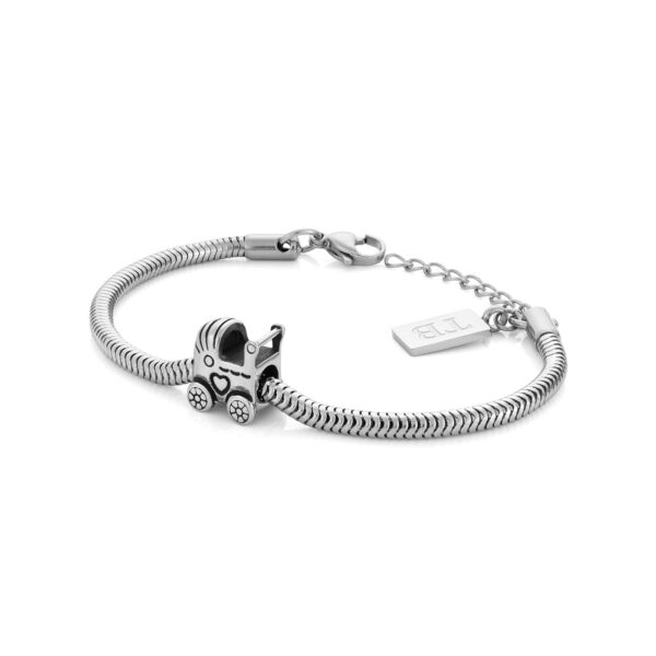 pulseira mulher com contas, pendente carrinho bebe em aço inoxidável