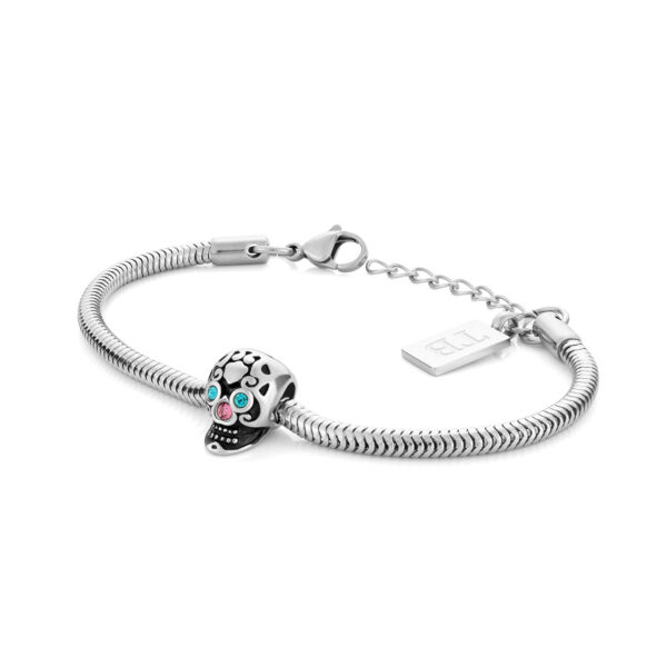 pulseira mulher em aço com pendente em forma de caveira com brilhantes