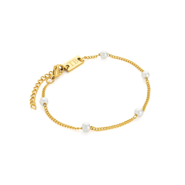 Pulseira mulher com pérolas, pulseira em aço inoxidável dourado com pérolas intercaladas.